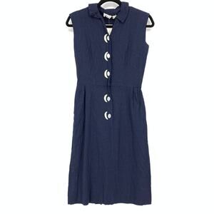 Vintage Womens Apx Sz S Navy Blue Linen Shirtdress Crescent Moon Buttons